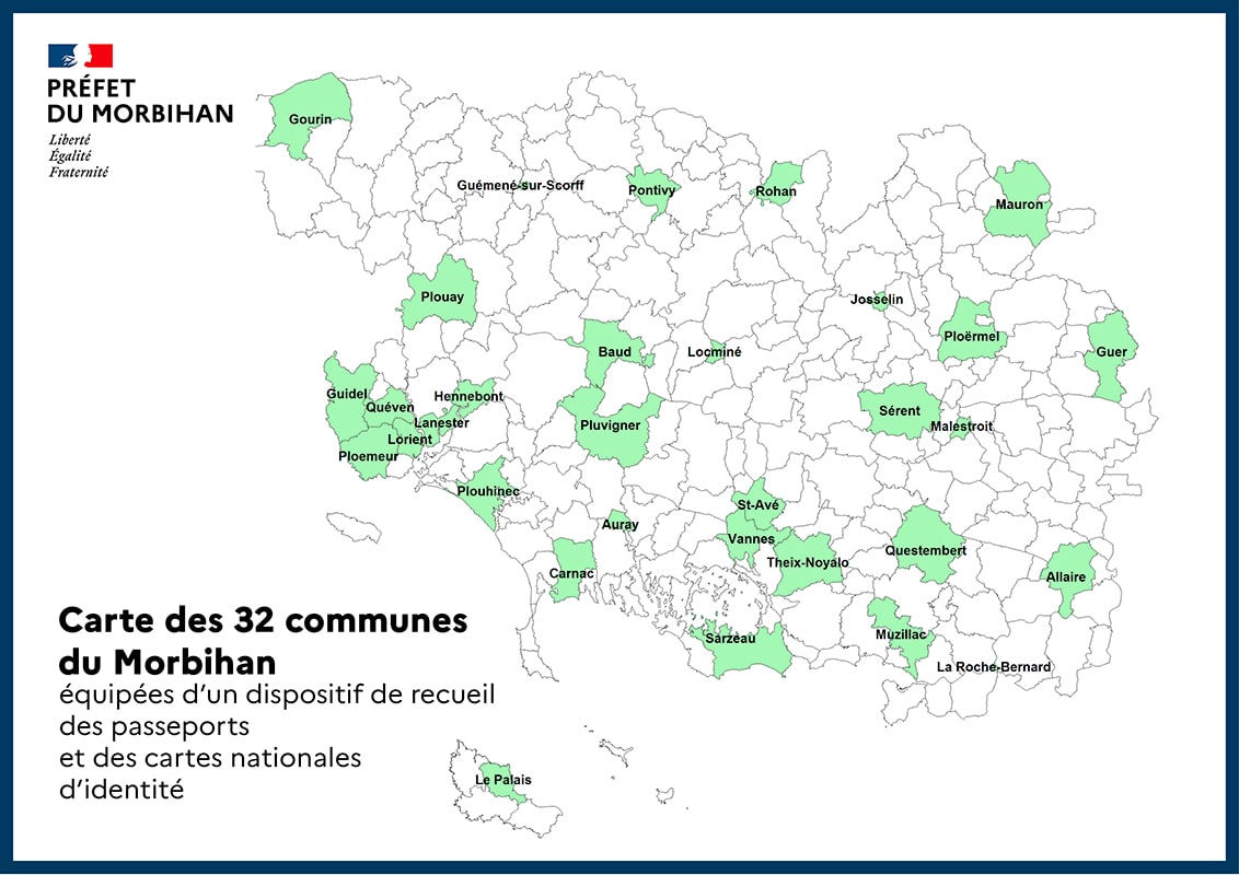Carte des communes du Morbihan délivrant la carte d'identité ou passeport