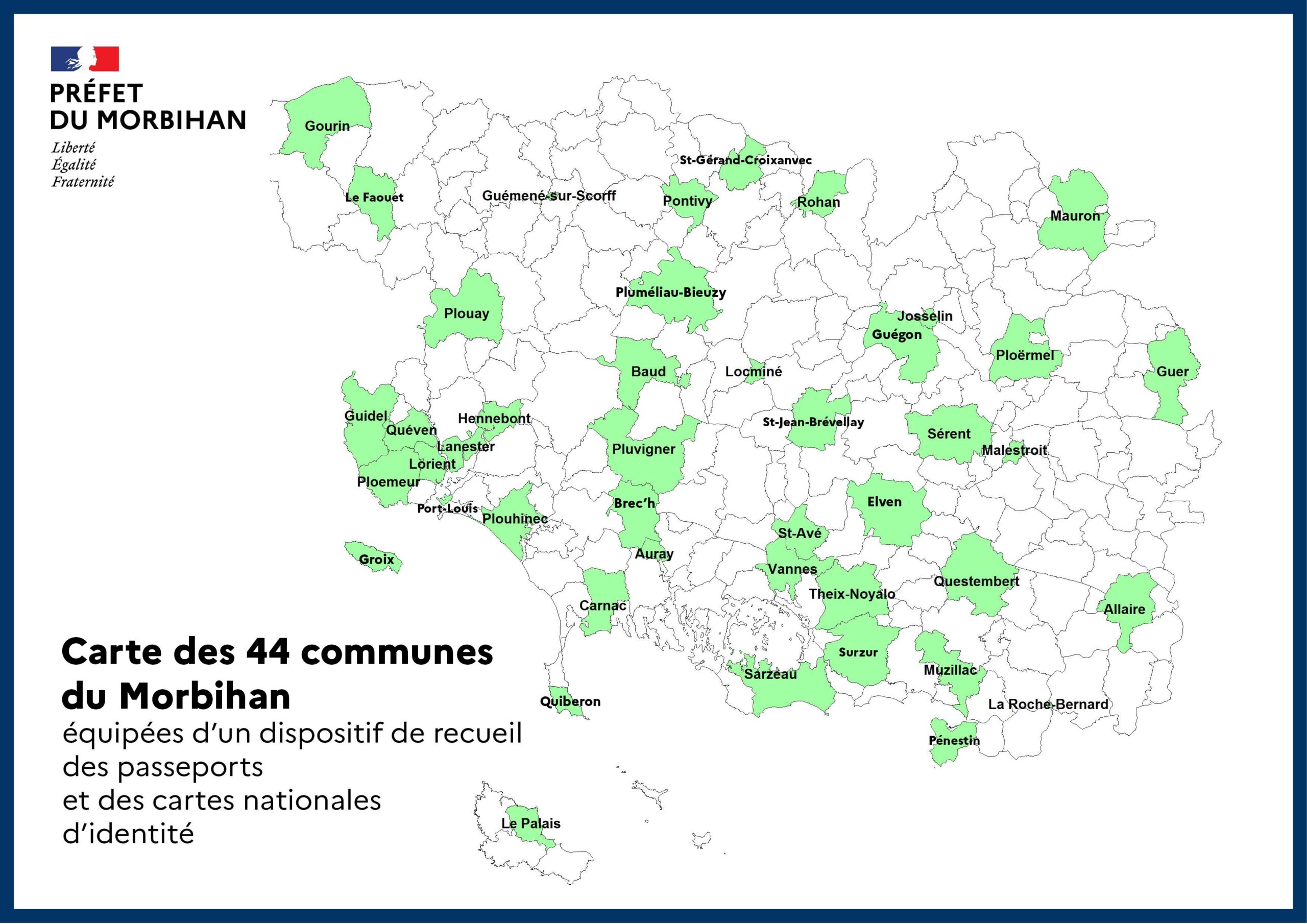 Carte des communes du Morbihan délivrant la carte d'identité ou passeport